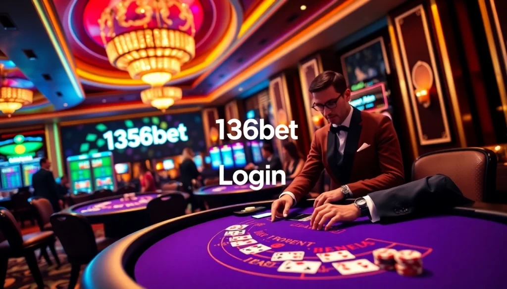 A casino scene emphasizing the 136bet Login experience with players at a poker table and vivid neon lights.