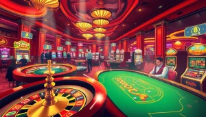 Engaging players at luck8 casino tables surrounded by vibrant lights and excitement.