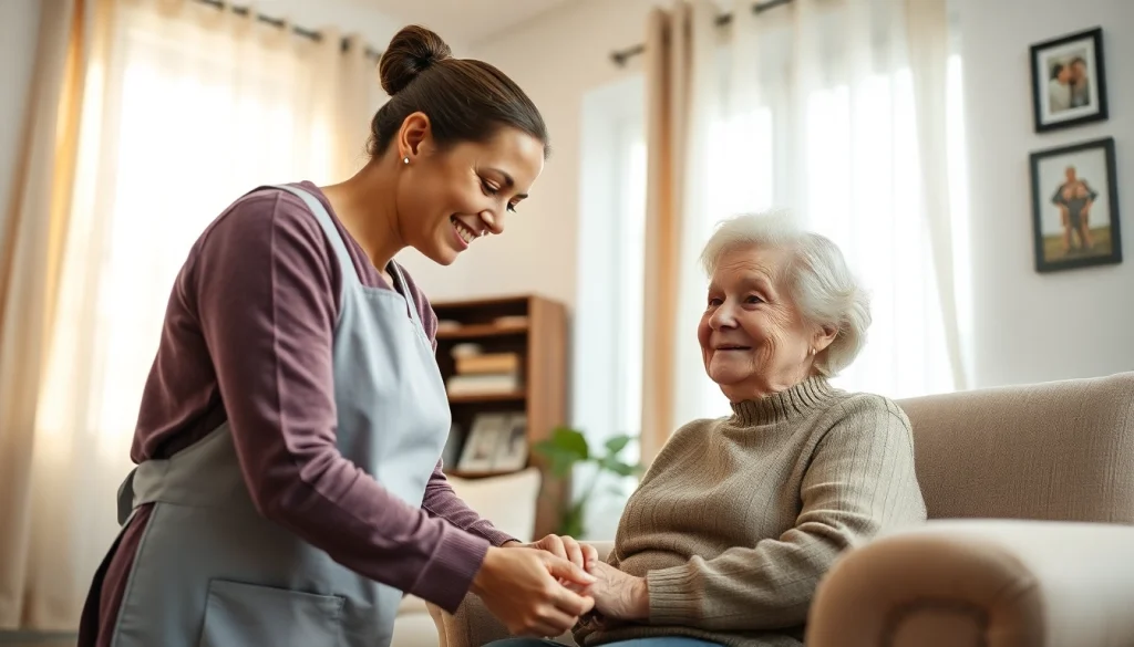 Elderly care maid assisting a senior lady in her cozy living room.