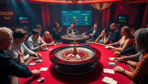 Experience the thrill of king88 with vibrant casino gameplay featuring roulette and poker tables.