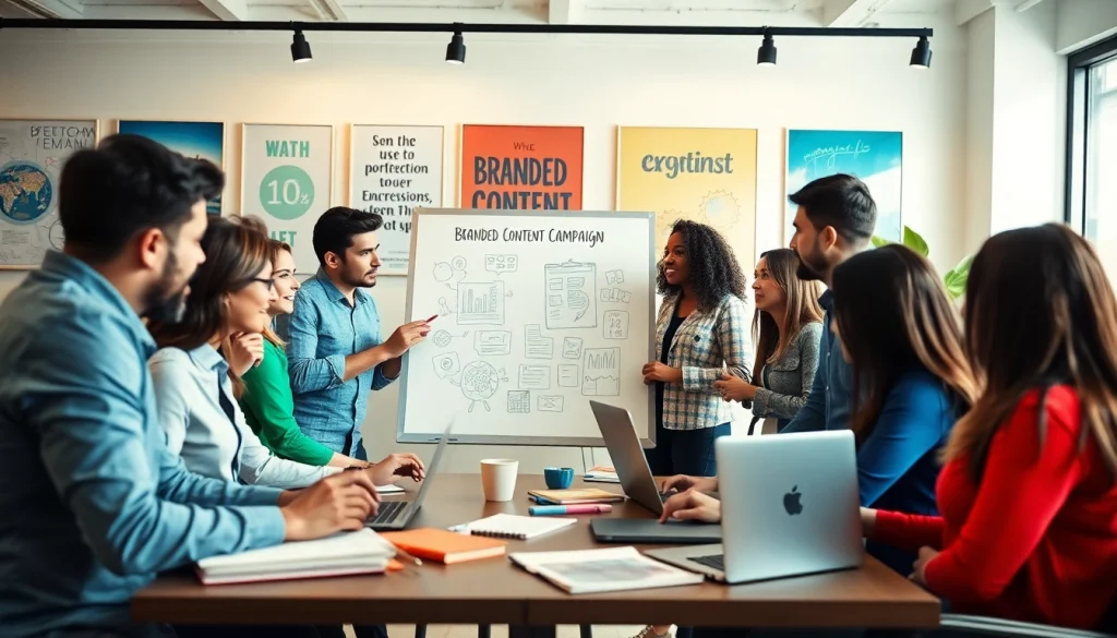 Marketing team collaborating on a creative branded content strategy in a modern office.