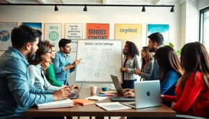 Marketing team collaborating on a creative branded content strategy in a modern office.