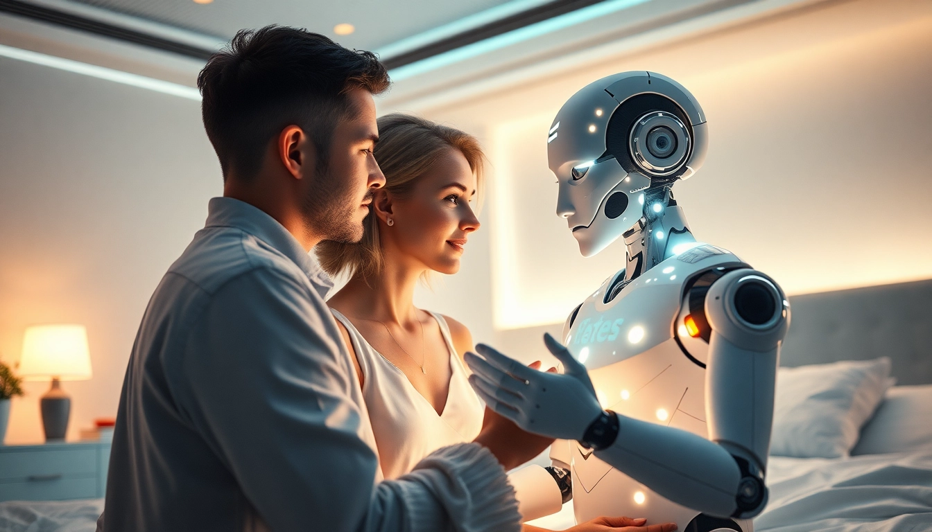 Engaging moment of a couple with a humanoid AI, symbolizing ai sex.