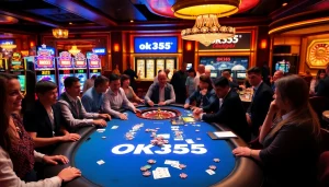 Players enjoy a thrilling game at the OK365 poker table surrounded by slot machines and vibrant ambiance.