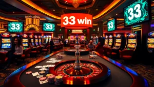 Exciting casino scene showcasing 33 win moments with vibrant poker chips and roulette wheel.