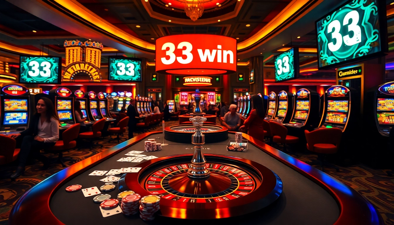 Exciting casino scene showcasing 33 win moments with vibrant poker chips and roulette wheel.