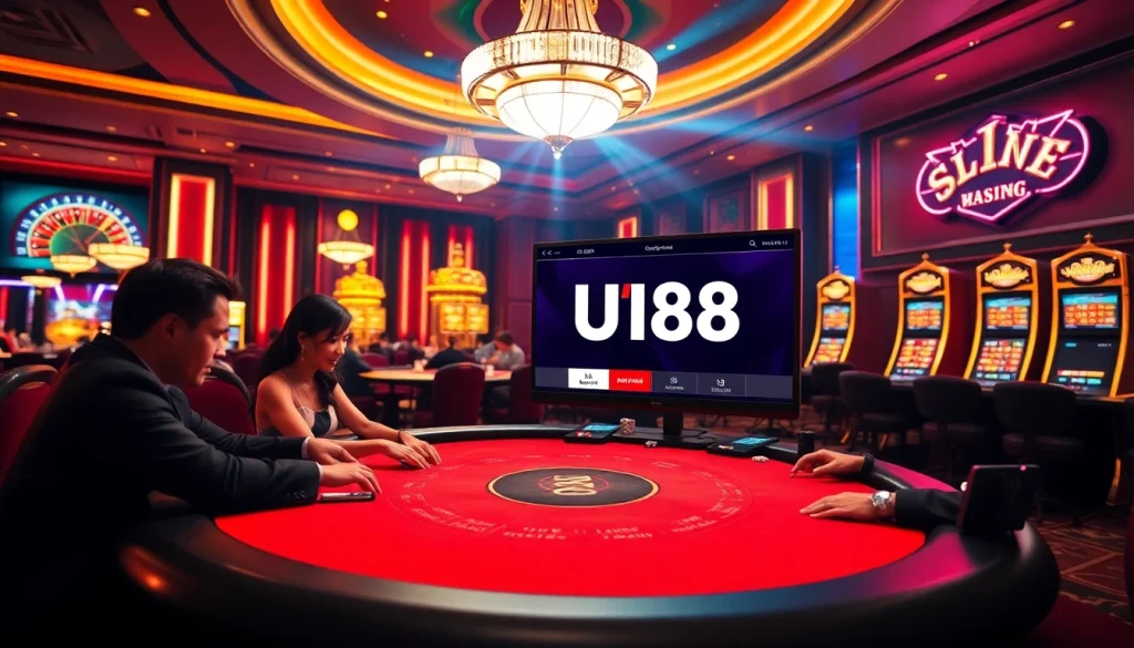 Experience the thrill of UU88 gaming in a luxurious casino setting with poker, roulette, and slot machines.