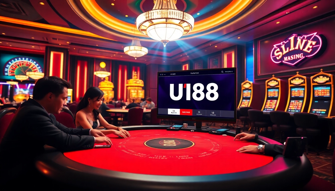 Experience the thrill of UU88 gaming in a luxurious casino setting with poker, roulette, and slot machines.