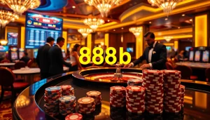Experience the thrill of 888b with active gamblers at a roulette table in a luxurious casino.