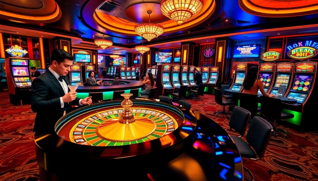 Experience the thrill of HB88 with players engaging around stylish casino tables and vibrant slot machines.