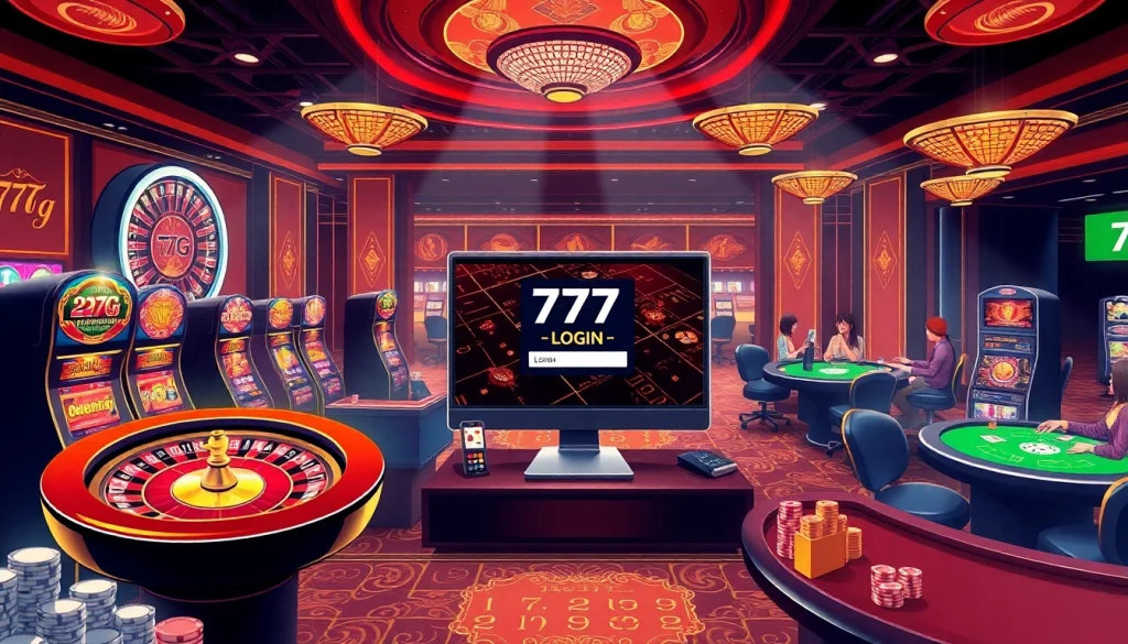 Experience the thrill of gambling while engaging with the 777g Login interface in a luxury casino scene.