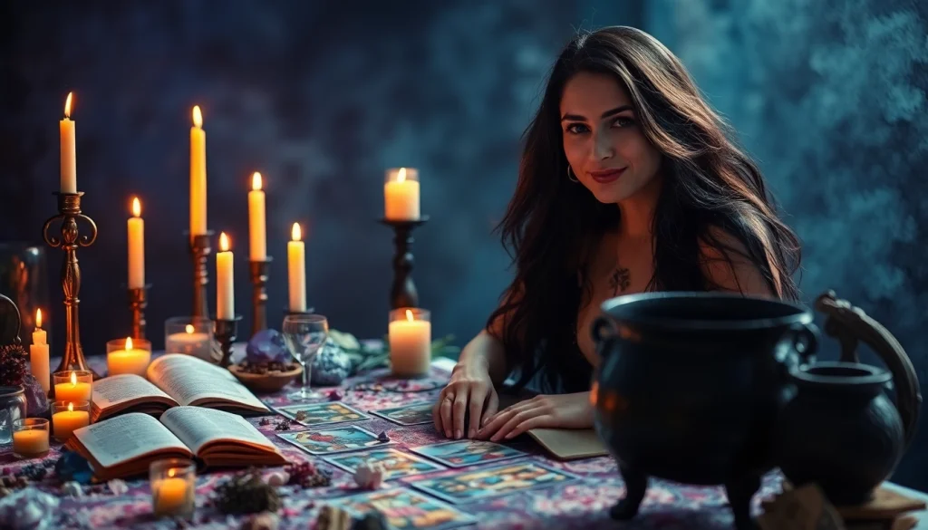 Engaging intuitive reader at https://julielynn.co creating a mystical atmosphere with tarot cards and crystals.