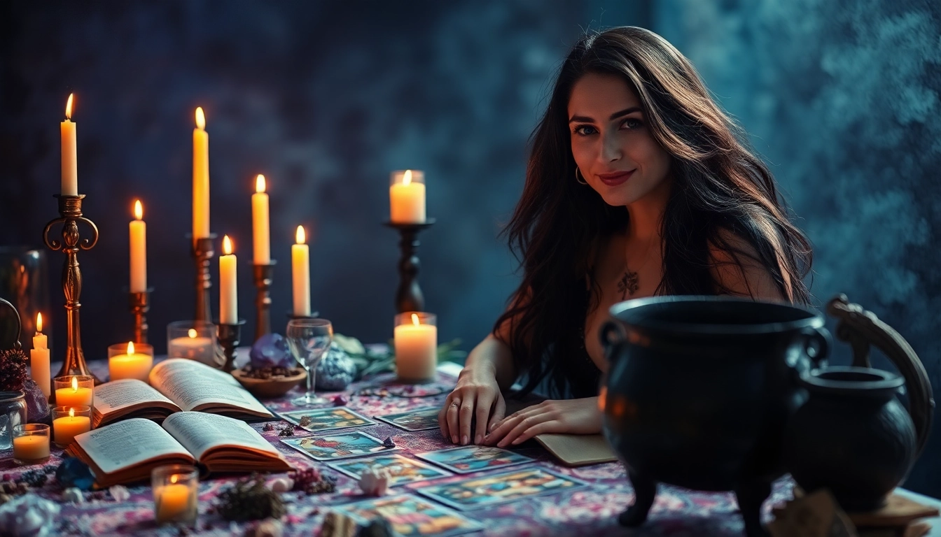 Engaging intuitive reader at https://julielynn.co creating a mystical atmosphere with tarot cards and crystals.