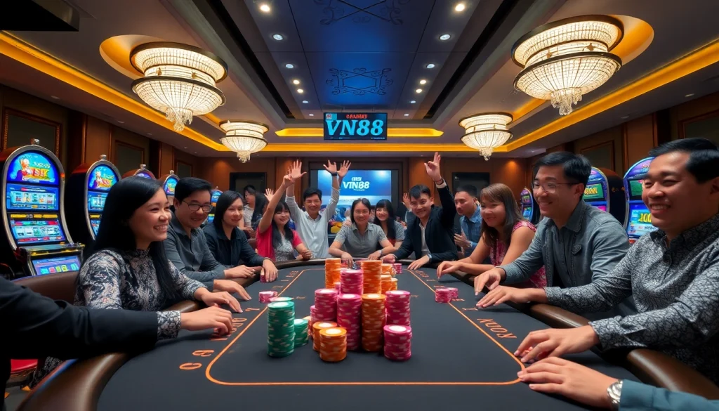 Players engaging in a strategic poker game at VN88 casino, showcasing excitement and luxury.