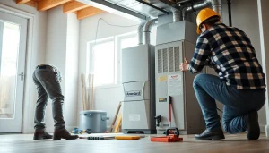 Technicians installing an american standard furnace in a modern home setting for efficient heating.