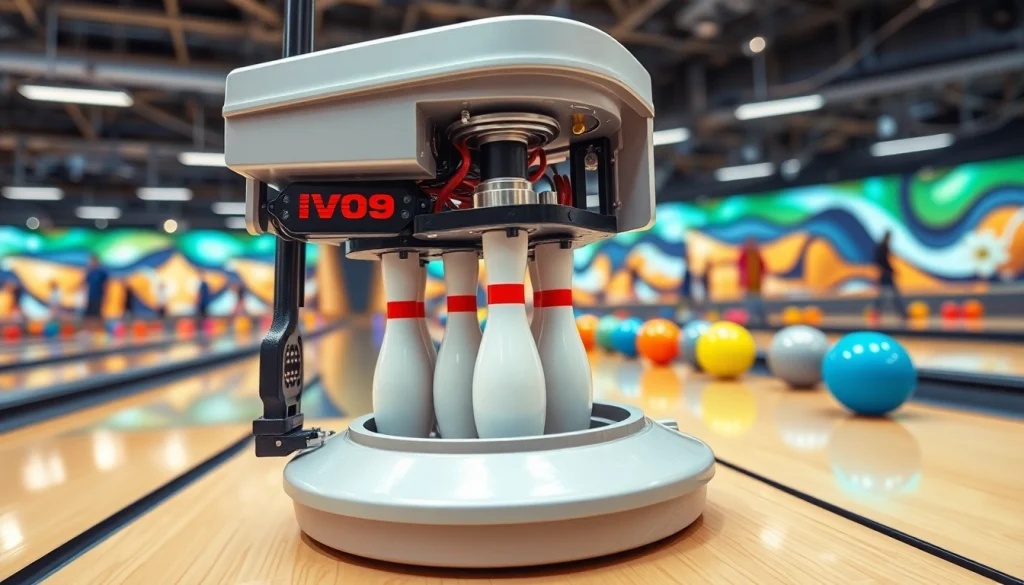 String bowling manufacturer showcasing advanced EV99 bowling machine in action with bowlers engaged.