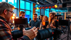 Engaged team collaborating at a Video Production Company Calgary, showcasing creativity and technology.