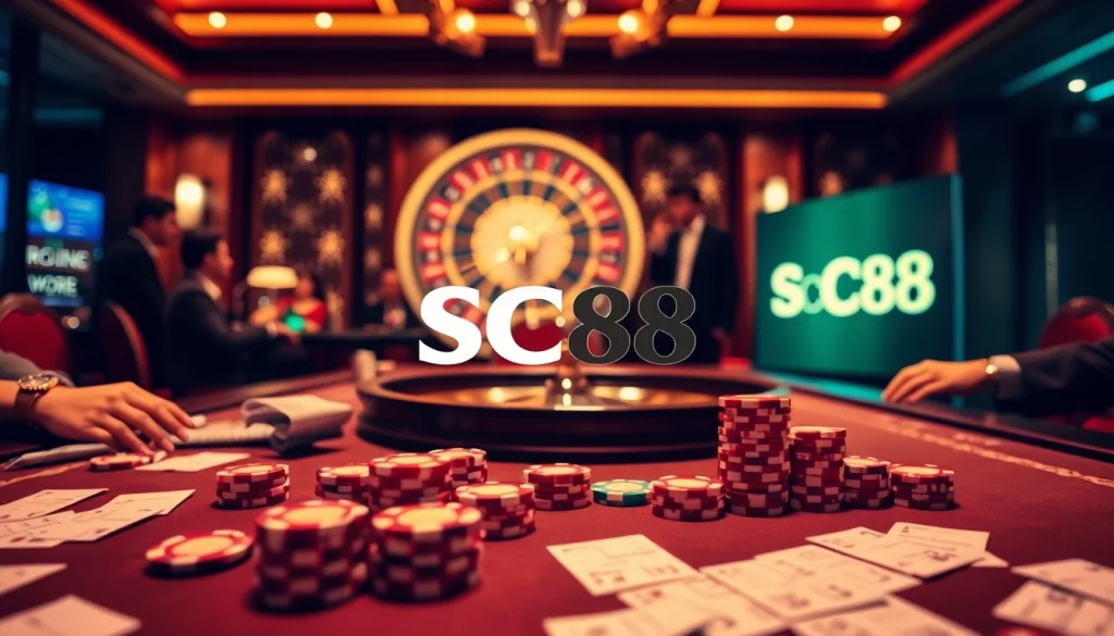 SC88 gaming table with poker chips, vibrant roulette wheel, and excited players in an elegant casino.