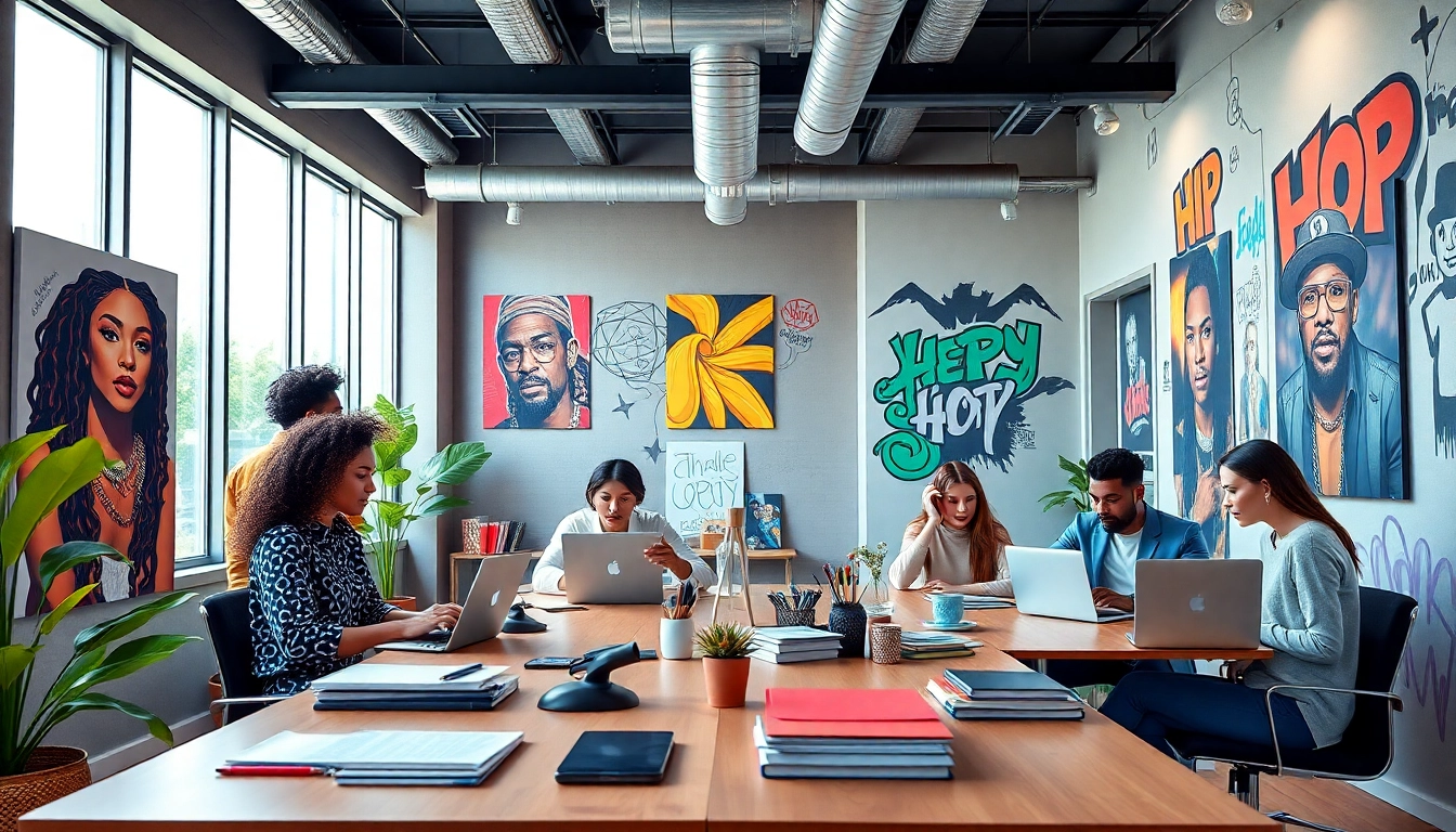 A bustling hip hop PR agency showcasing collaboration and innovation in music marketing.