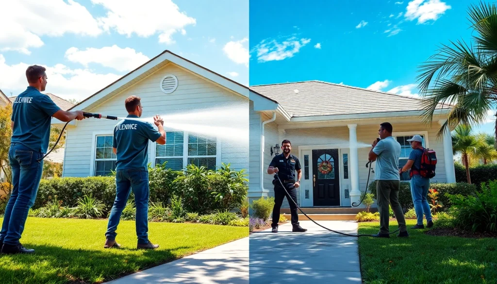 Expert pressure wash team revitalizing a Kissimmee home, showcasing professional exterior cleaning services.