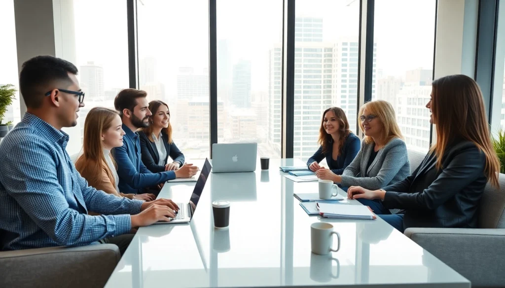 Business team collaborating in a modern office, showcasing teamwork and innovation.