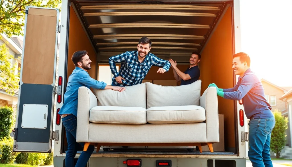 Removalists Shellharbour team efficiently moving furniture with a smile and care in a sunny suburban home.