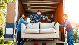 Removalists Shellharbour team efficiently moving furniture with a smile and care in a sunny suburban home.