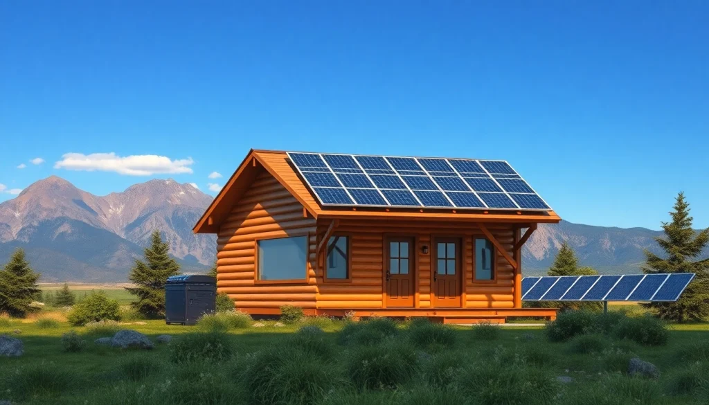Off grid solar system powering a modern cabin in a serene landscape, showcasing solar panels and energy independence.