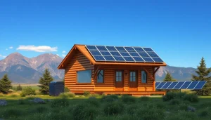 Off grid solar system powering a modern cabin in a serene landscape, showcasing solar panels and energy independence.