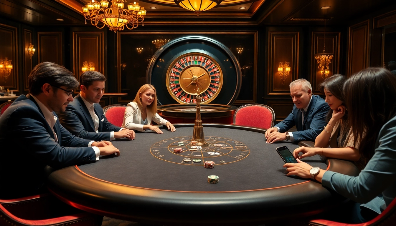 A diverse group of players using the f12 App while enjoying a luxurious poker game in a high-end casino.
