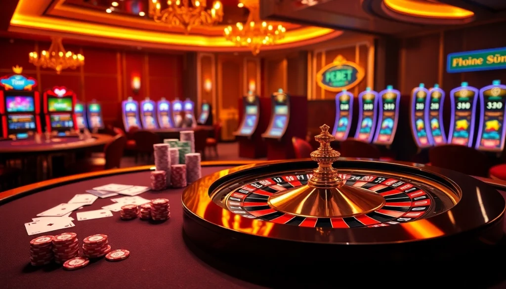 Experience the excitement of F8bet with luxury casino tables and vibrant gaming atmosphere.
