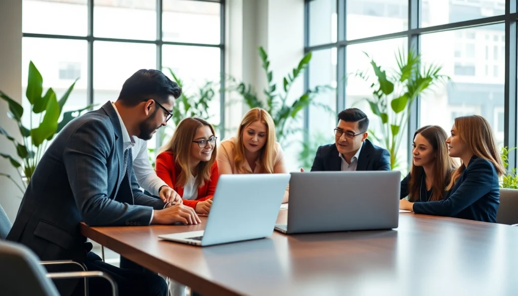 Engaged business professionals collaborating in a modern office setting.