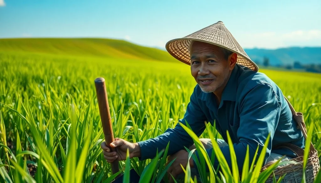 petani toto berfungsi di ladang yang hijau dengan alat pertanian tradisional.