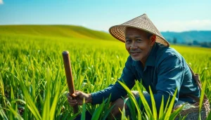 petani toto berfungsi di ladang yang hijau dengan alat pertanian tradisional.