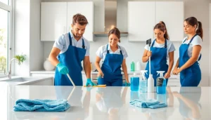 Cleaning service team expertly sanitizing a modern kitchen environment.