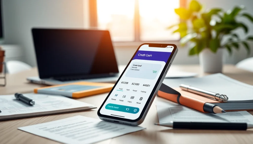 신용카드 현금화 방법을 소개하는 스마트폰과 서류들로 구성된 장면