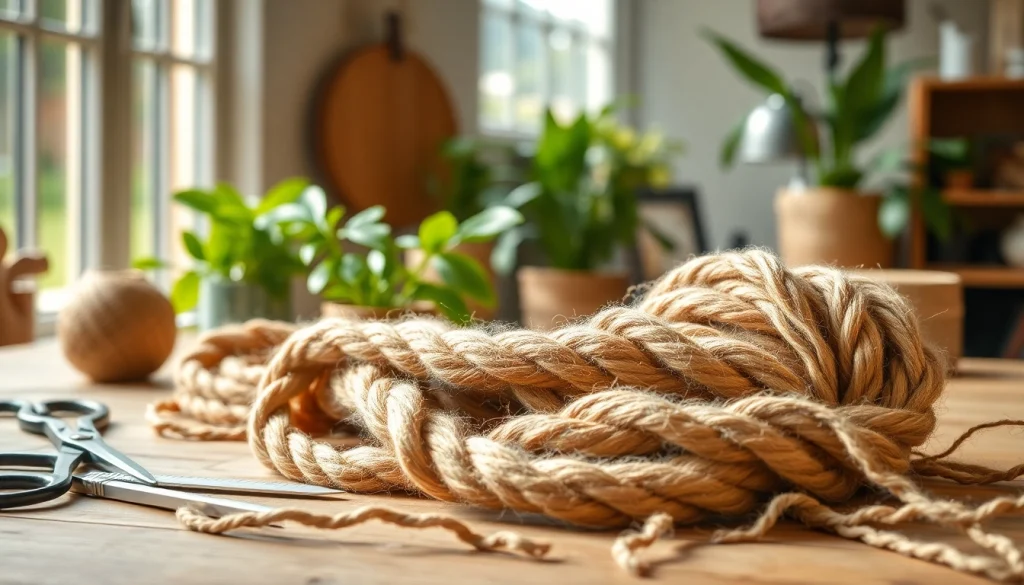 Jute touw werd kunstzinnig gepresenteerd in een handwerkatelier met natuurlijk licht.