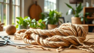 Jute touw werd kunstzinnig gepresenteerd in een handwerkatelier met natuurlijk licht.