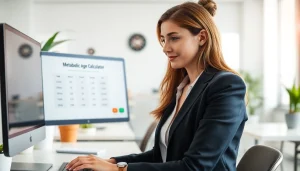 Calculate your metabolic age using a modern desktop calculator in a bright office.