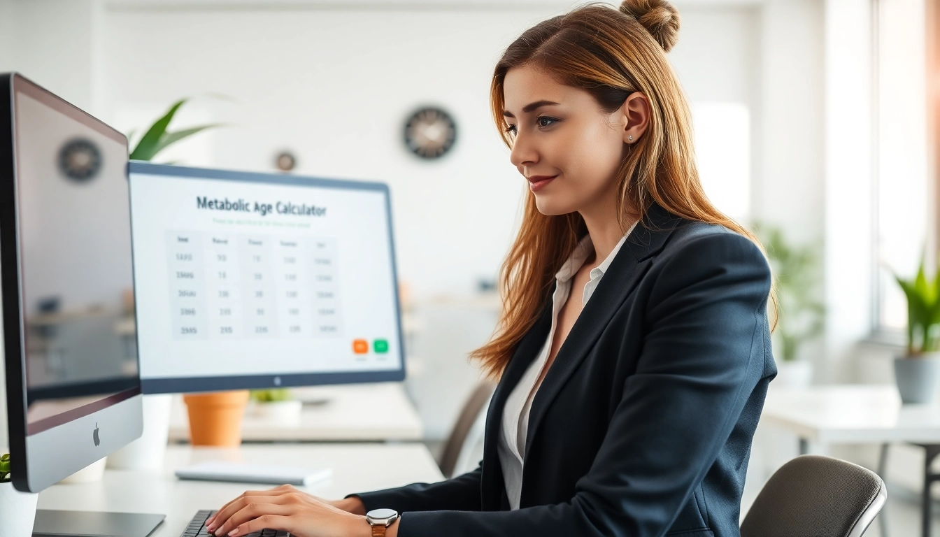 Calculate your metabolic age using a modern desktop calculator in a bright office.