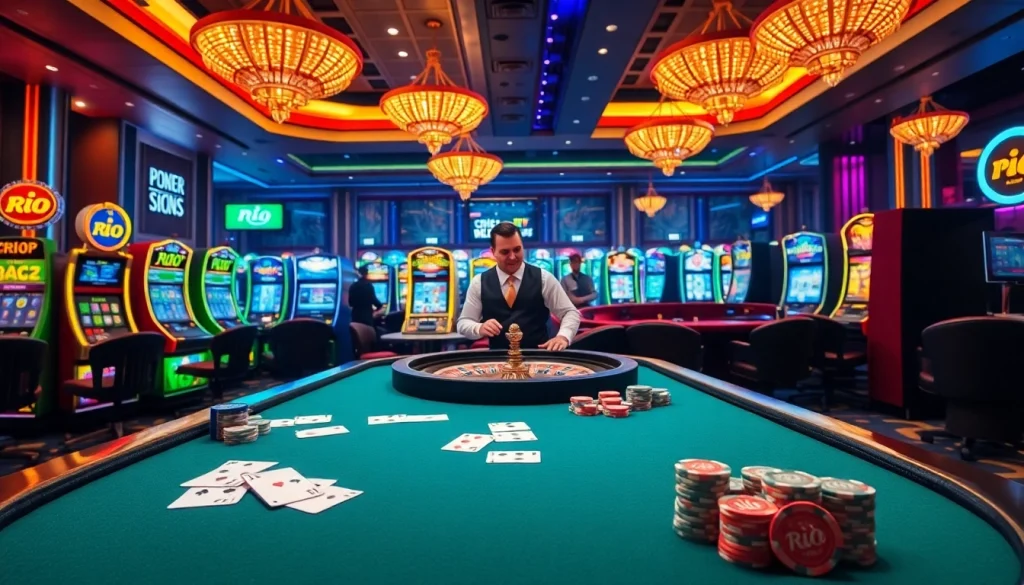 Engaging casino scene at Rio with players enjoying poker and slot machines.