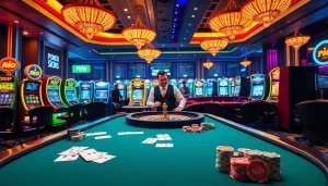 Engaging casino scene at Rio with players enjoying poker and slot machines.