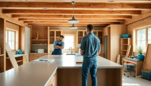 Home renovation project showcasing craftsmen working on a kitchen remodel with modern elements.