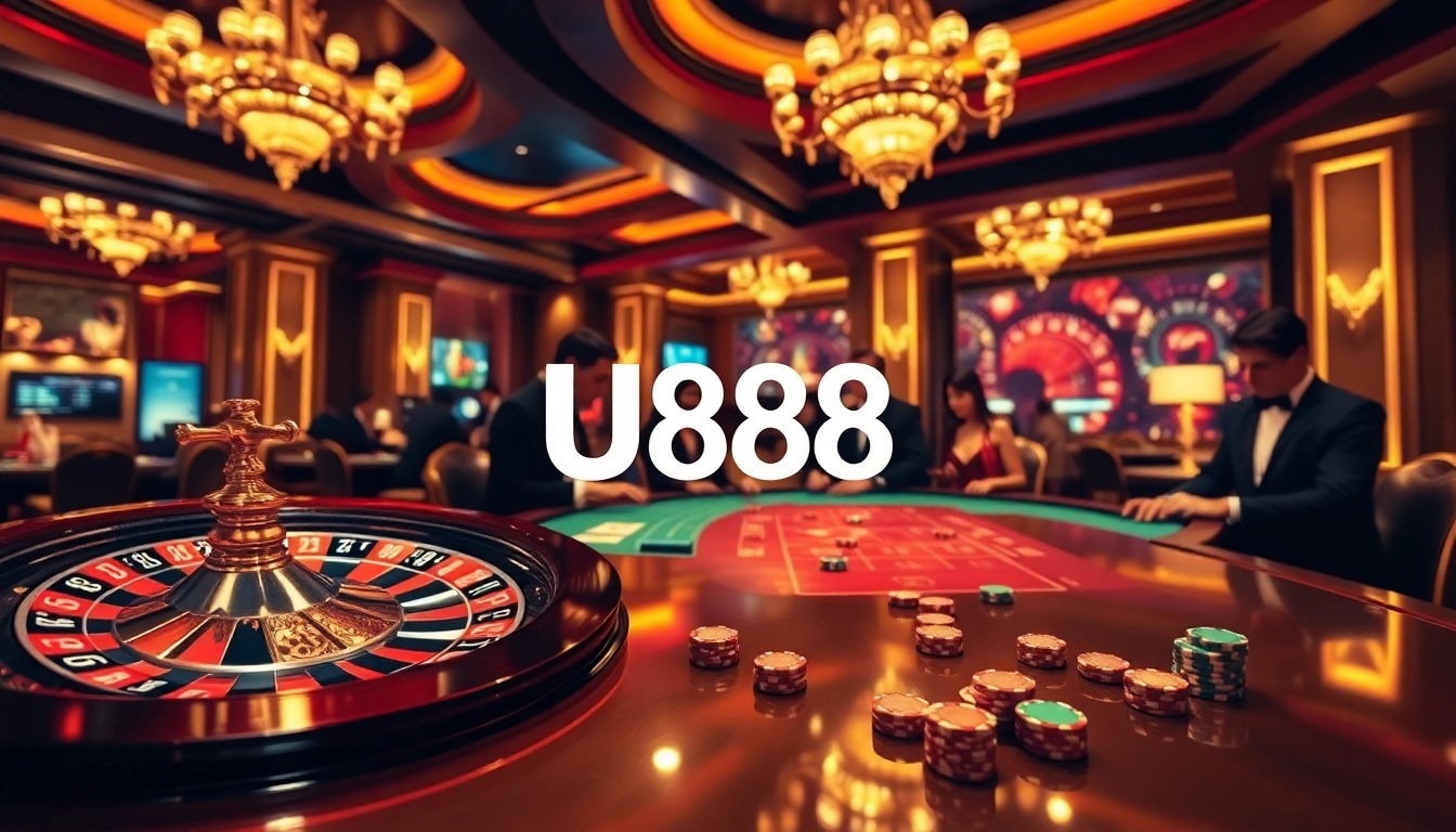 U888 casino scene with engaged players at a roulette table, showcasing excitement and luxury.