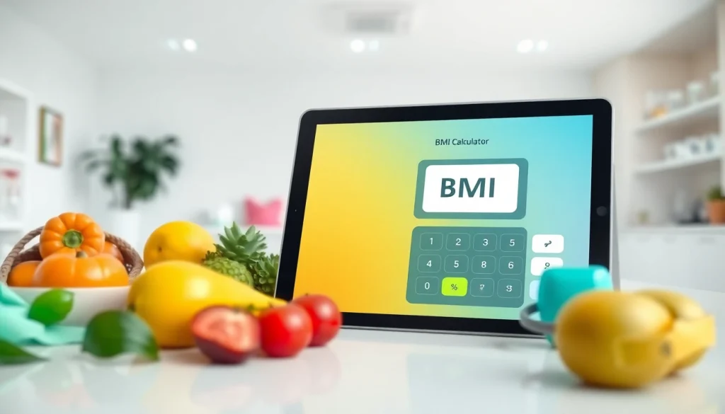 Calculate your BMI with a sleek tablet interface and health-inspired props in a bright clinic.