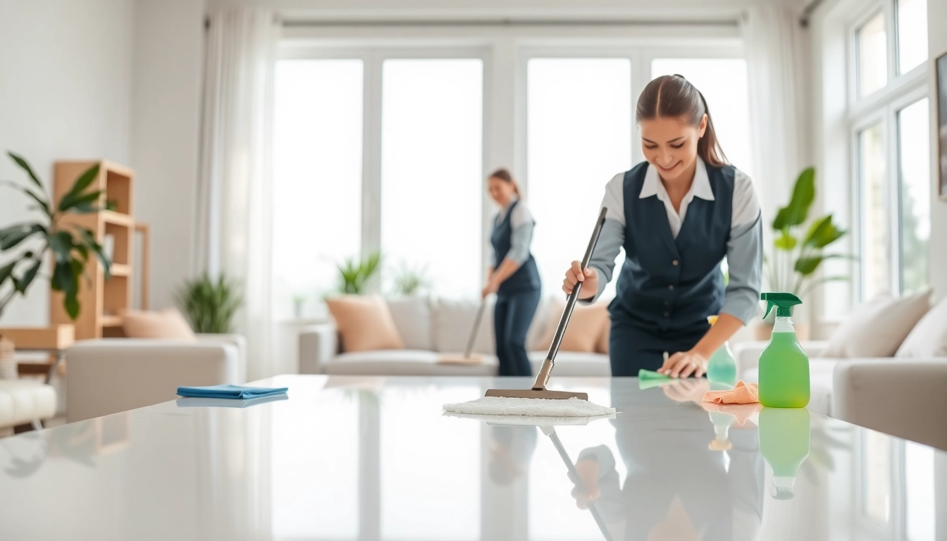 Cleaning service professionals executing a thorough clean in a modern living room.