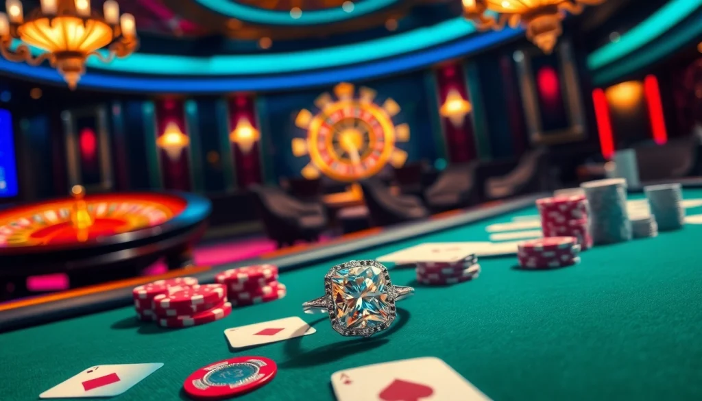 A glamorous diamond engagement ring highlighted on a poker table amidst casino excitement.