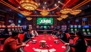 Experience the thrill of JUN88 casino gaming with vibrant poker action and luxury visuals.