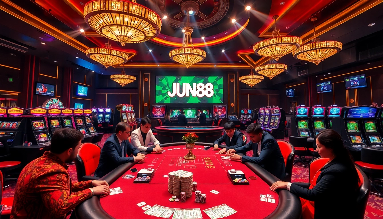 Experience the thrill of JUN88 casino gaming with vibrant poker action and luxury visuals.
