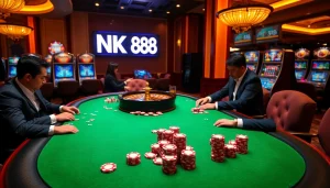 Experience the thrill of NK 88 at a high-stakes poker table surrounded by vibrant casino action.